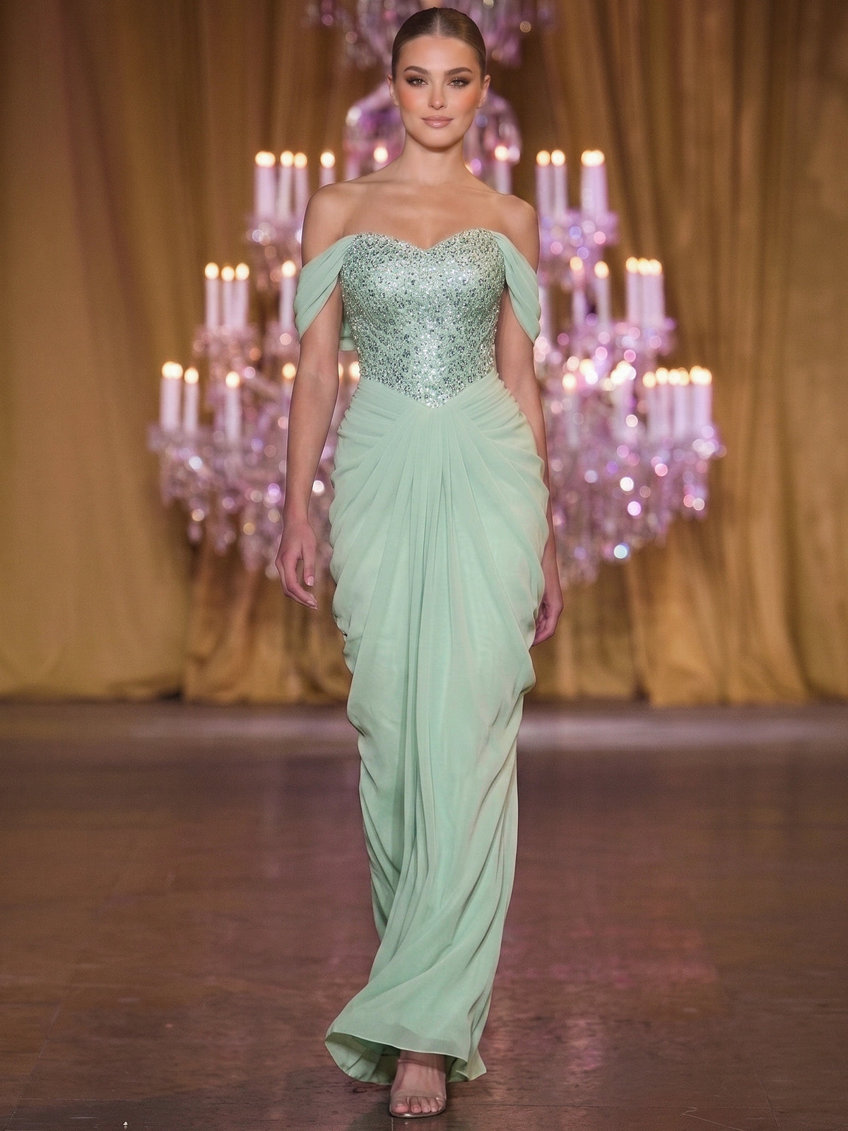 Sheath/Column Evening Dresses Formal Dresses Elegant Sequins Chiffon Off-The-Shoulder Floor-Length Short Sleeves Ruched Zipper