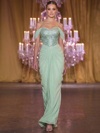 Sheath/Column Evening Dresses Formal Dresses Elegant Sequins Chiffon Off-The-Shoulder Floor-Length Short Sleeves Ruched Zipper
