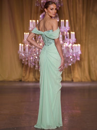 Sheath/Column Evening Dresses Formal Dresses Elegant Sequins Chiffon Off-The-Shoulder Floor-Length Short Sleeves Ruched Zipper
