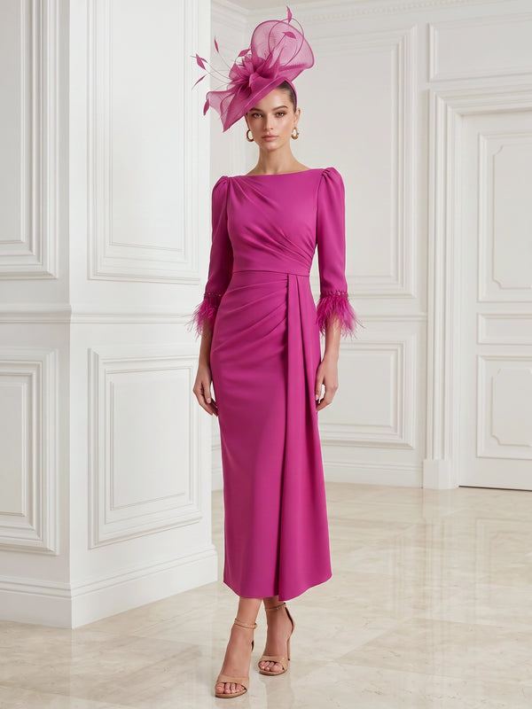 Sheath/Column Cocktail Party Dress Boat Neck Long Sleeves Ankle Length Formal Dress With Feathers
