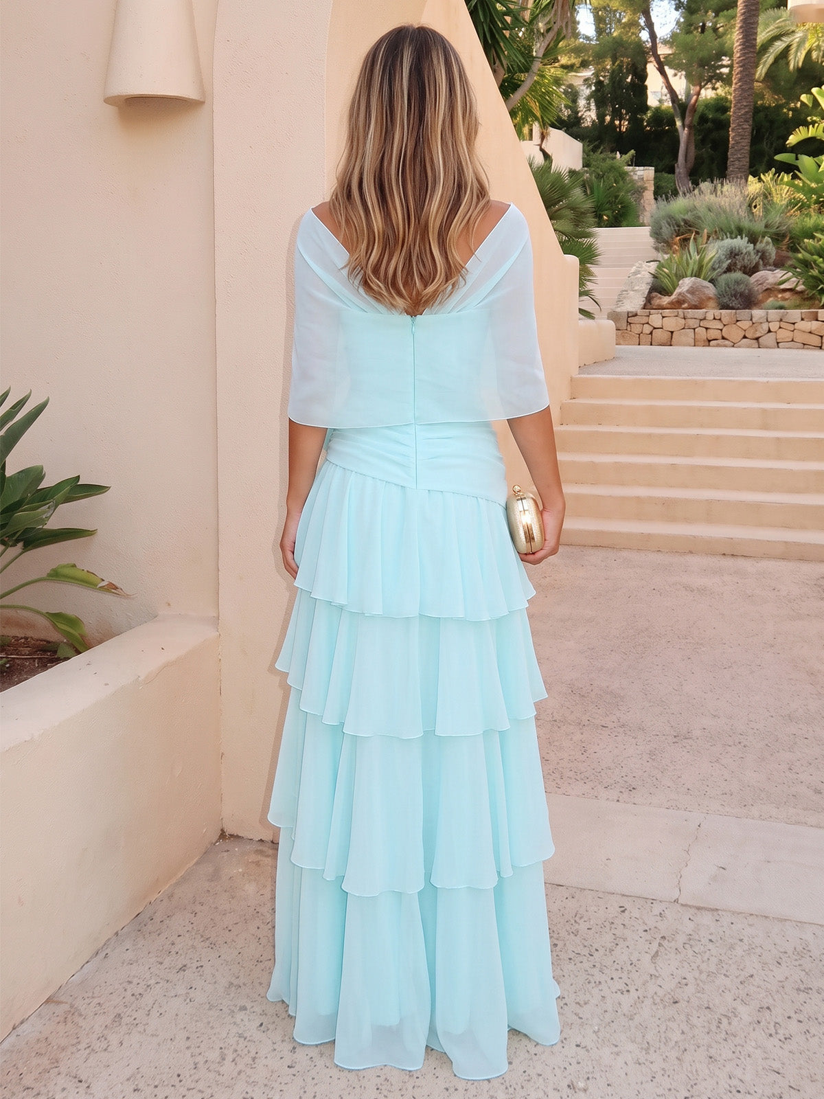 A-Line/Princess Formal Dresses Chiffon Off-The-Shoulder 1/2 Sleeves Floor-Length Ruched Tiered Ruffles With 3D Flower Zipper