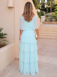 A-Line/Princess Formal Dresses Chiffon Off-The-Shoulder 1/2 Sleeves Floor-Length Ruched Tiered Ruffles With 3D Flower Zipper