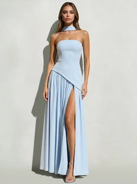 A-Line/Princess Elegant Wedding Guest Dresses Chiffon Strapless Sleeveless Floor-Length Asymmetrical Pleated Skirt with Side Slit&Scarf