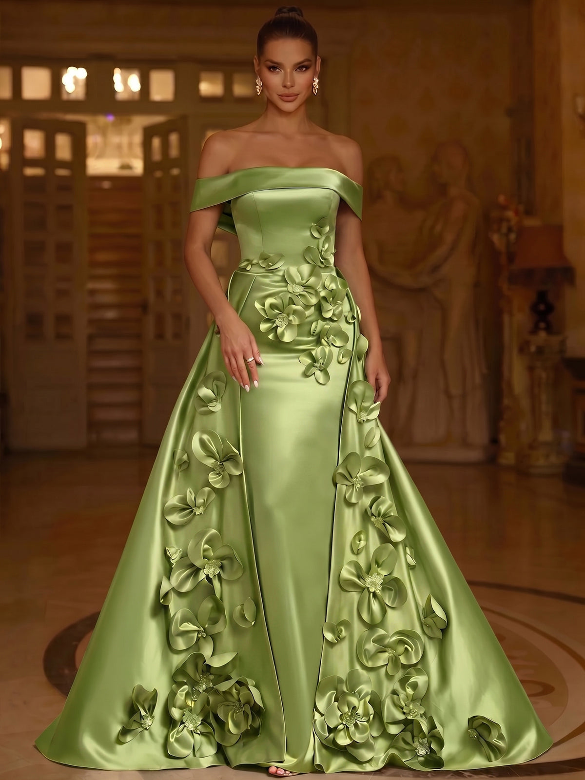 A-Line Evening Dresses Floral Satin Floor-Length Off The Shoulder Elegant Formal Evening Gown With Overskirt Back Lace Up