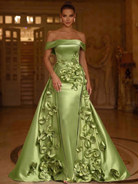 A-Line Evening Dresses Floral Satin Floor-Length Off The Shoulder Elegant Formal Evening Gown With Overskirt Back Lace Up