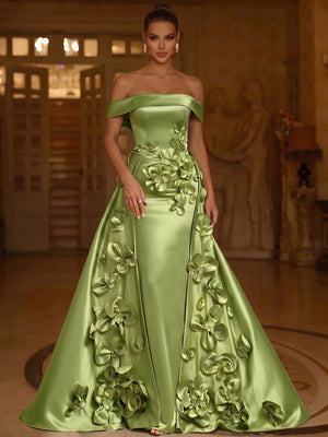 A-Line Evening Dresses Floral Satin Floor-Length Off The Shoulder Elegant Formal Evening Gown With Overskirt Back Lace Up
