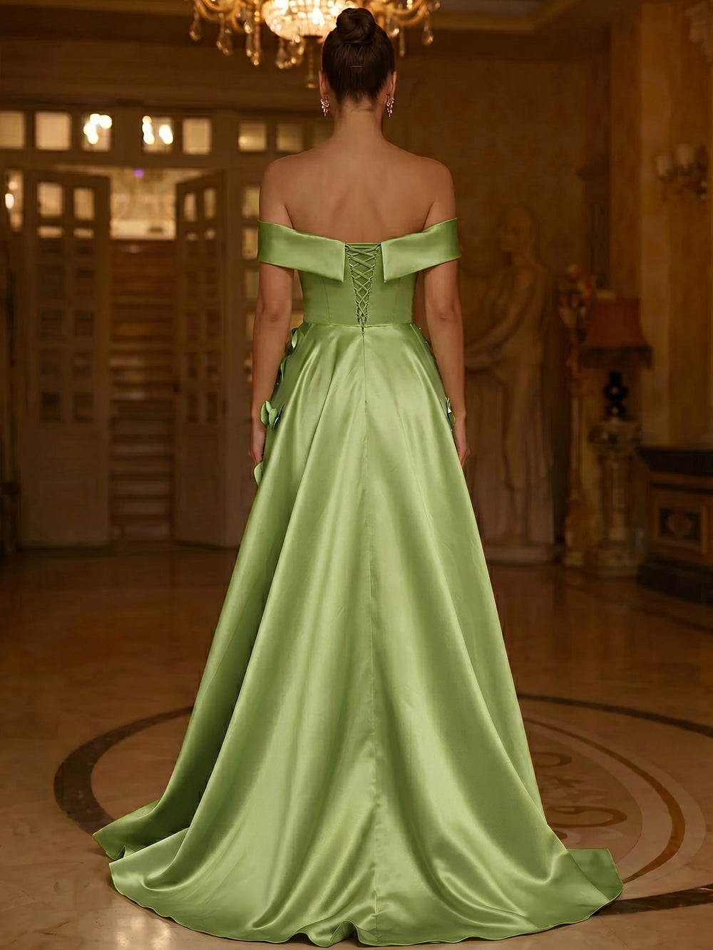 A-Line Evening Dresses Floral Satin Floor-Length Off The Shoulder Elegant Formal Evening Gown With Overskirt Back Lace Up