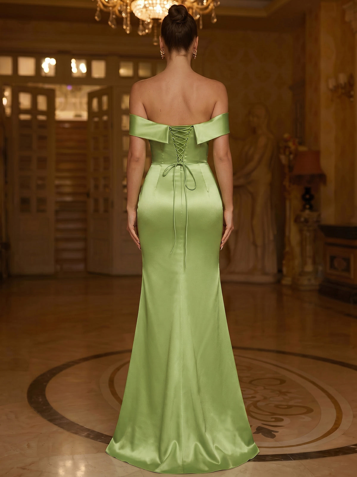 A-Line Evening Dresses Floral Satin Floor-Length Off The Shoulder Elegant Formal Evening Gown With Overskirt Back Lace Up