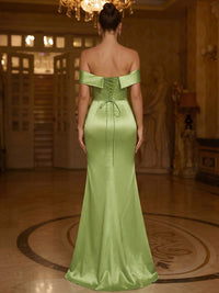 A-Line Evening Dresses Floral Satin Floor-Length Off The Shoulder Elegant Formal Evening Gown With Overskirt Back Lace Up