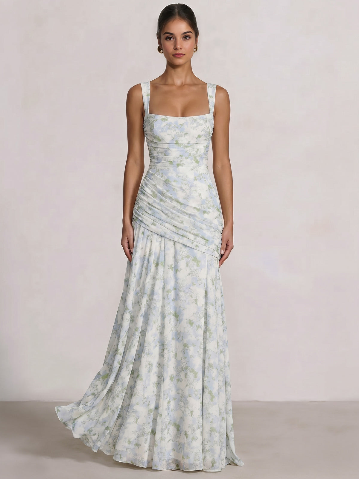 A Line/Princesses Prom Dresses Ruched Chiffon Spaghetti Straps Floor-Length Floral Dress Wedding Guest Bridesmaid Dresses