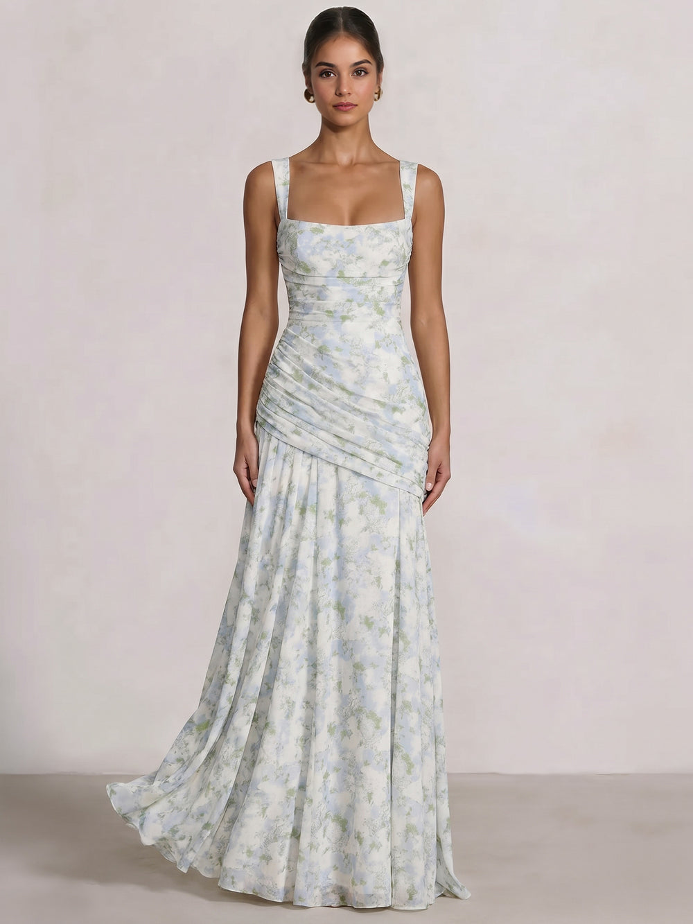 A Line/Princesses Prom Dresses Ruched Chiffon Spaghetti Straps Floor-Length Floral Dress Wedding Guest Bridesmaid Dresses