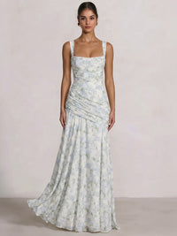 A Line/Princesses Prom Dresses Ruched Chiffon Spaghetti Straps Floor-Length Floral Dress Wedding Guest Bridesmaid Dresses