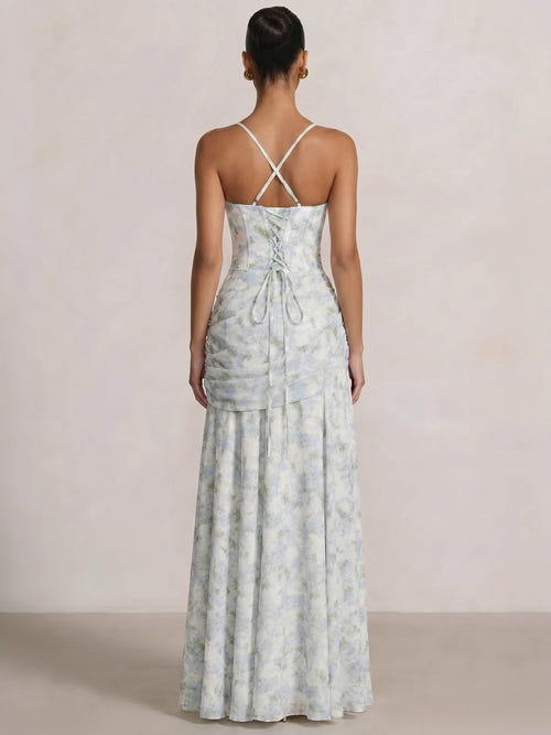A Line/Princesses Prom Dresses Ruched Chiffon Spaghetti Straps Floor-Length Floral Dress Wedding Guest Bridesmaid Dresses