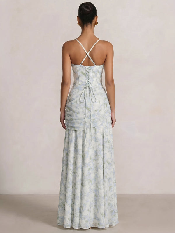 A Line/Princesses Prom Dresses Ruched Chiffon Spaghetti Straps Floor-Length Floral Dress Wedding Guest Bridesmaid Dresses