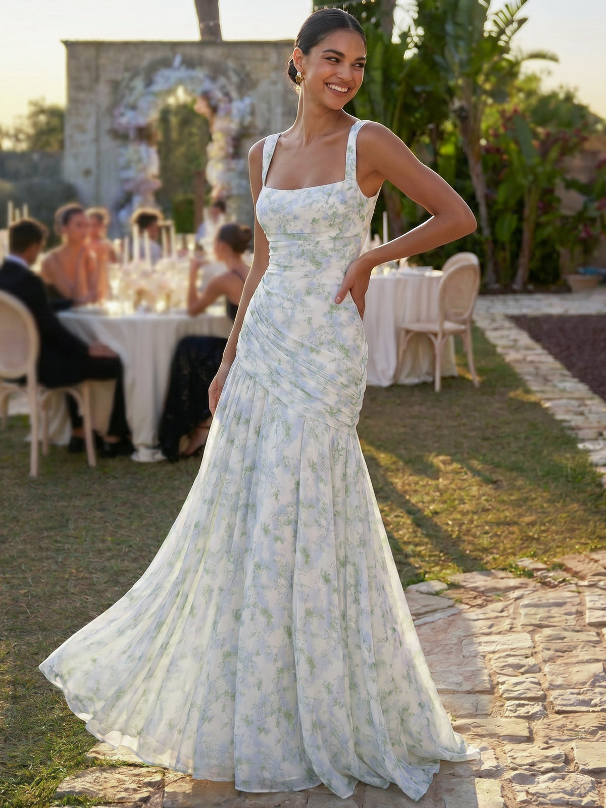 A Line/Princesses Prom Dresses Ruched Chiffon Spaghetti Straps Floor-Length Floral Dress Wedding Guest Bridesmaid Dresses
