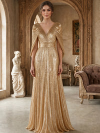 A-Line/Princess Evening Dresses Elegant Satin V-Neck Cape Sleeves Floor-Length Pleated Formal Dresses