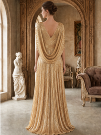 A-Line/Princess Evening Dresses Elegant Satin V-Neck Cape Sleeves Floor-Length Pleated Formal Dresses