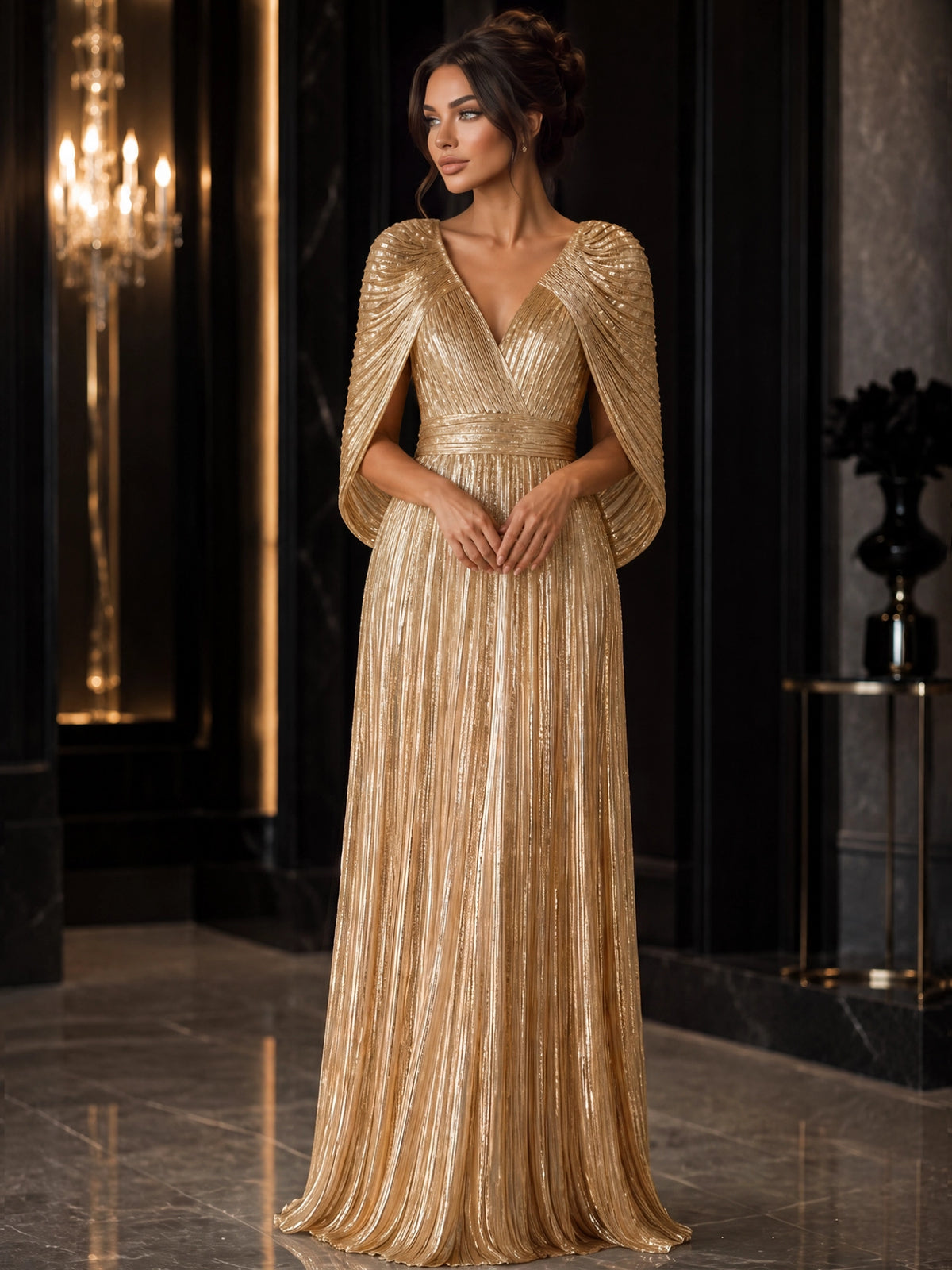 A-Line/Princess Evening Dresses Elegant Satin V-Neck Cape Sleeves Floor-Length Pleated Formal Dresses