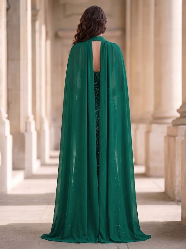 Mermaid/Trumpet Evening Dresses Elegant Sequins Floor-Length Sleeveless Strapless With Floating Chiffon Cape Formal Dresses
