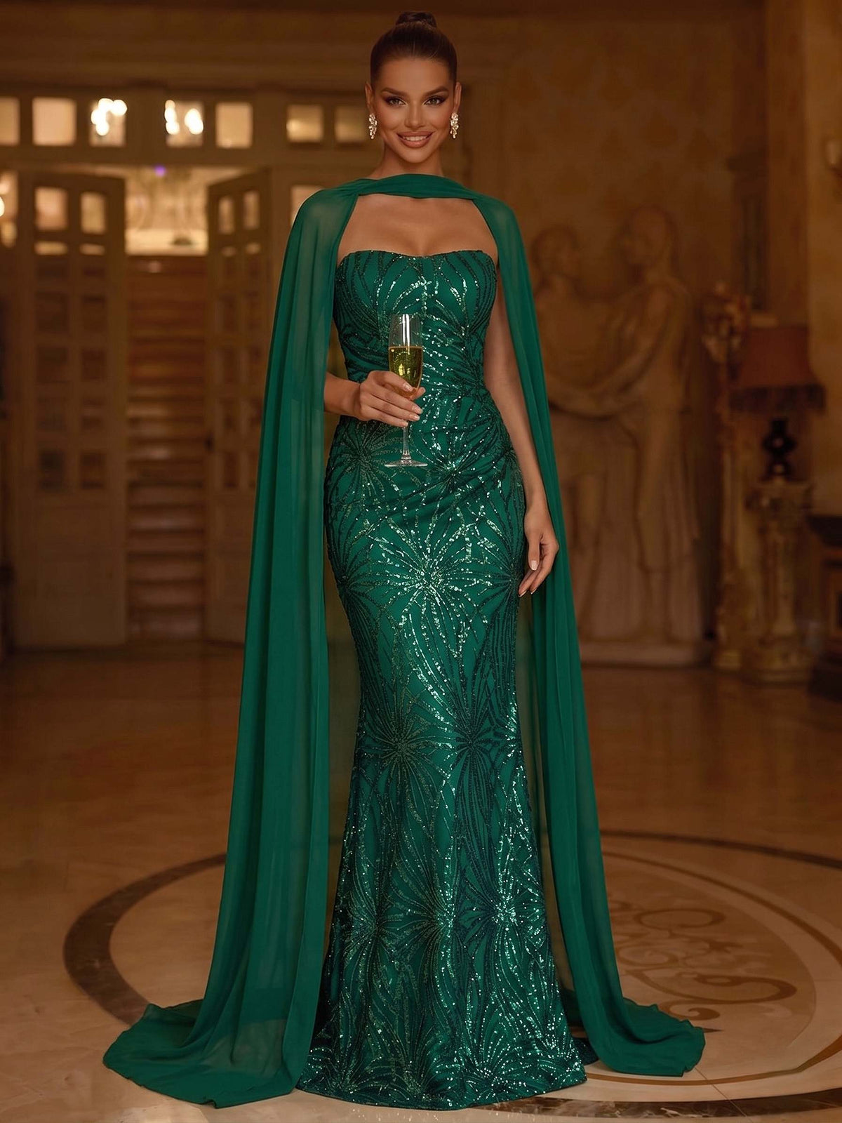Nafori Emerald Green Mermaid/Trumpet Evening Dresses Elegant Sequins Floor-Length Sleeveless Strapless With Floating Chiffon Cape Formal Dresses 2026