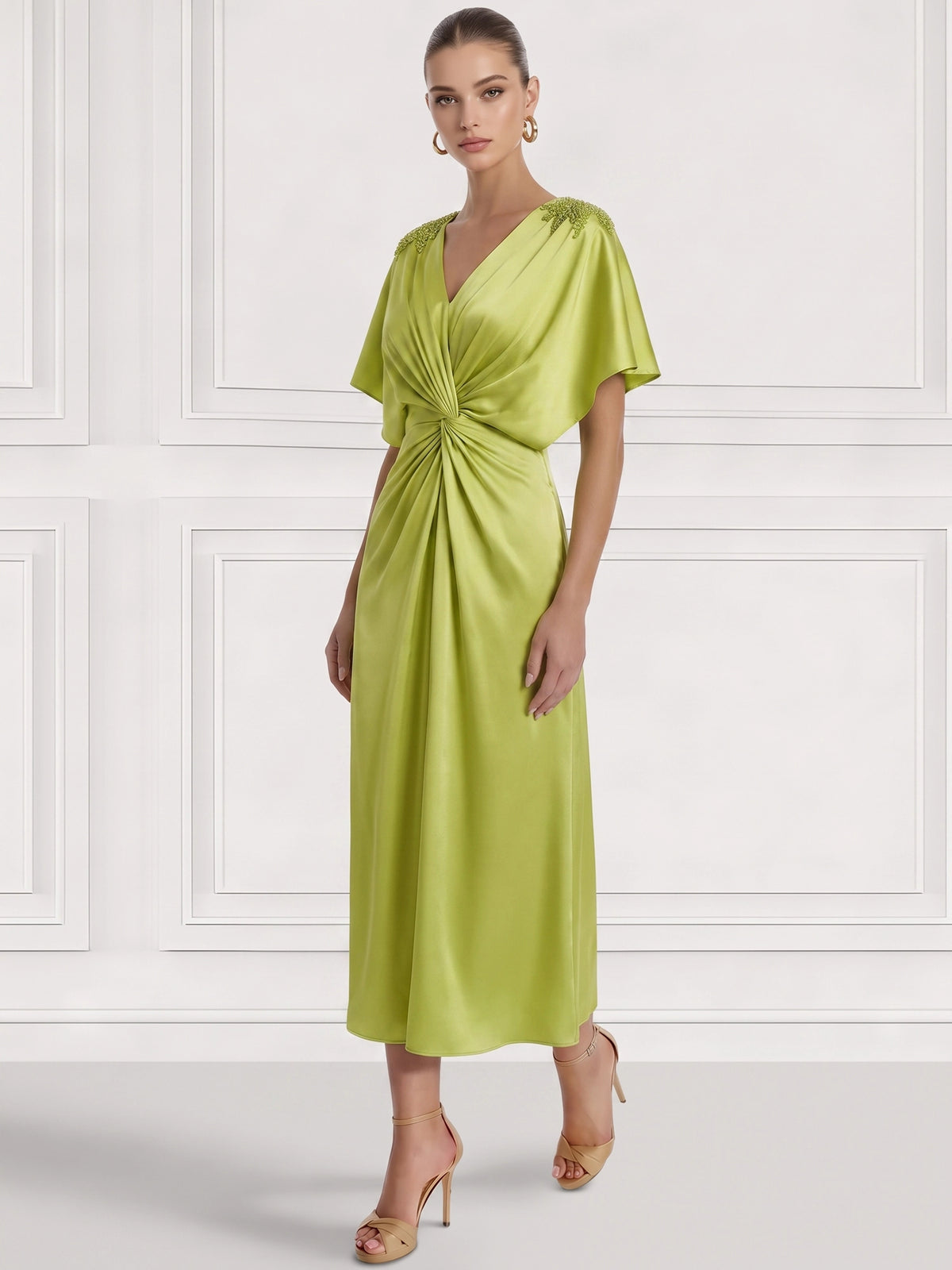Sheath/Column Cocktail Party Dress V Neck Satin Short Sleeves Ankle Length Formal Dress With Beads