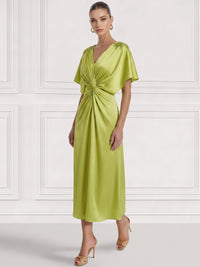 Sheath/Column Cocktail Party Dress V Neck Satin Short Sleeves Ankle Length Formal Dress With Beads