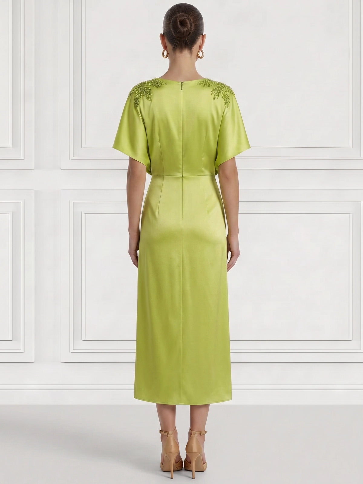 Sheath/Column Cocktail Party Dress V Neck Satin Short Sleeves Ankle Length Formal Dress With Beads