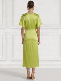 Sheath/Column Cocktail Party Dress V Neck Satin Short Sleeves Ankle Length Formal Dress With Beads