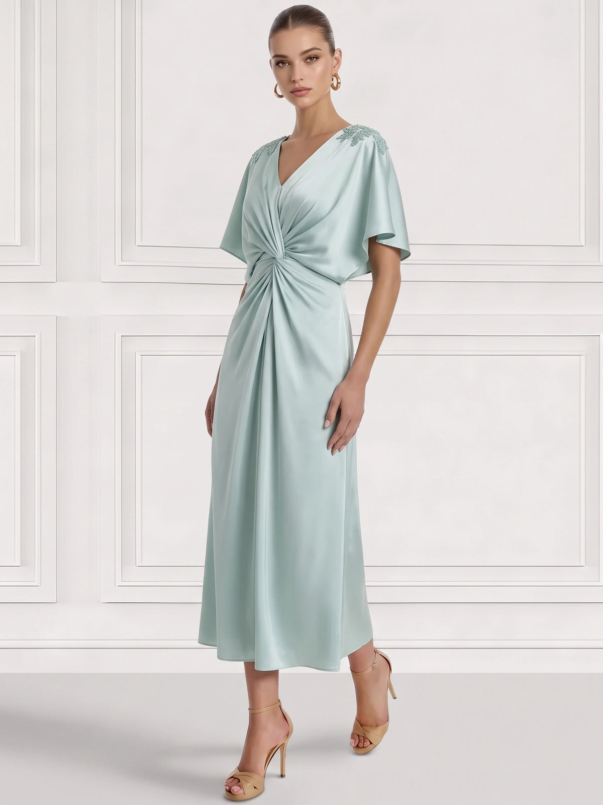 Sheath/Column Cocktail Party Dress V Neck Satin Short Sleeves Ankle Length Formal Dress With Beads