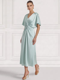 Sheath/Column Cocktail Party Dress V Neck Satin Short Sleeves Ankle Length Formal Dress With Beads