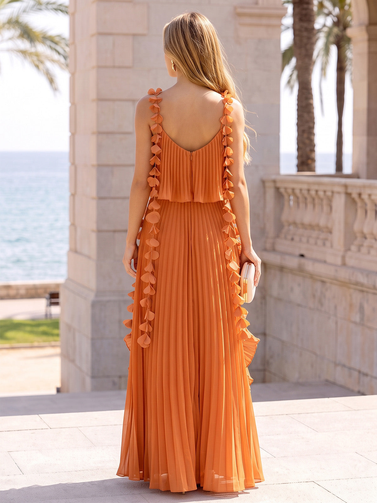 A-Line/Princess Formal Dresses Chiffon Spaghetti Straps Sleeveless Floor-Length Pleated With 3D Flowers Zipper