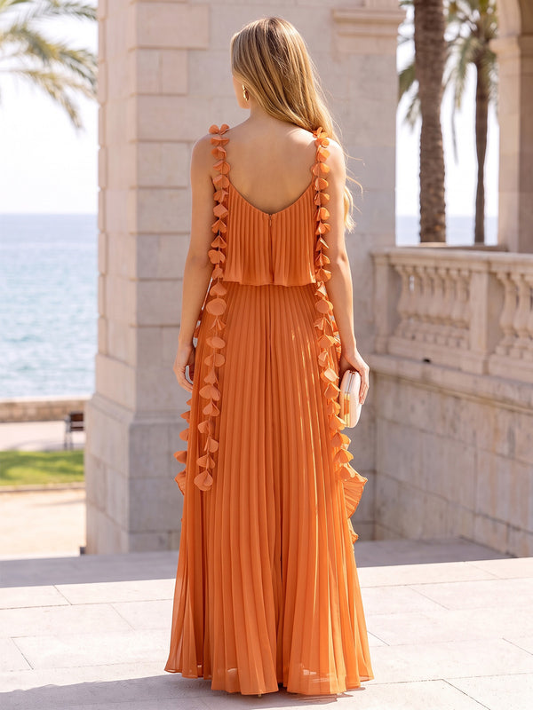 A-Line/Princess Formal Dresses Chiffon Spaghetti Straps Sleeveless Floor-Length Pleated With 3D Flowers Zipper