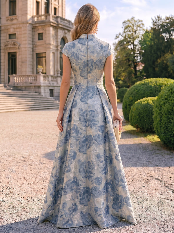 A-Line Mother Of The Bride Dress Elegant Formal Gown V Neck Wedding Guest Floor Length Short Sleeves Jacquard Dresses