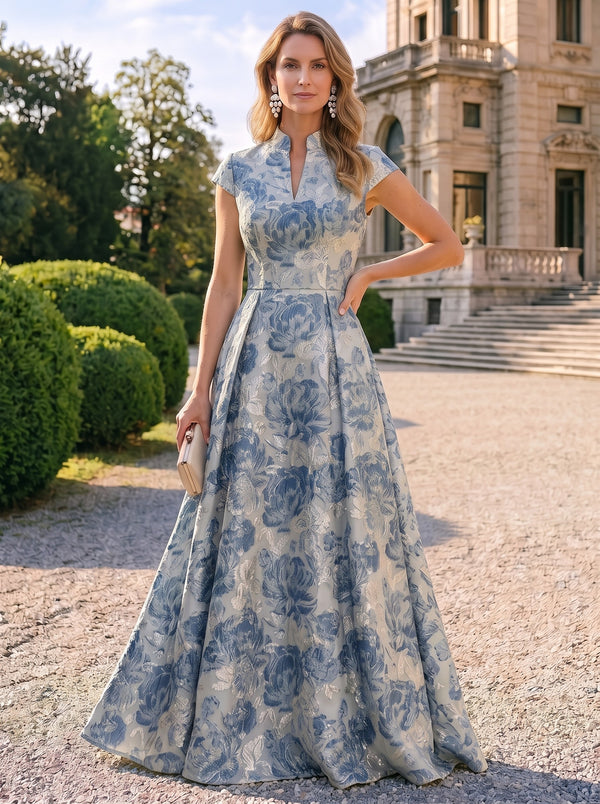 A-Line Mother Of The Bride Dress Elegant Formal Gown V Neck Wedding Guest Floor Length Short Sleeves Jacquard Dresses