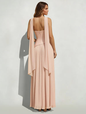 A-Line/Princess Elegant Wedding Guest Dresses Chiffon Ruffled Tulle Skirt Strapless Sleeveless Floor-Length with Side Slit&Scarf