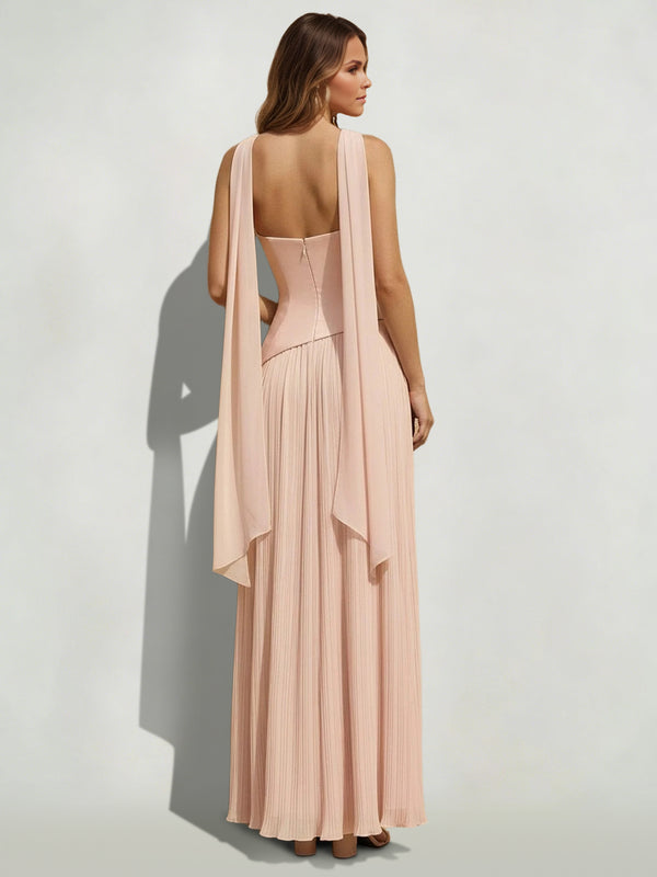 A-Line/Princess Elegant Wedding Guest Dresses Chiffon Ruffled Tulle Skirt Strapless Sleeveless Floor-Length with Side Slit&Scarf