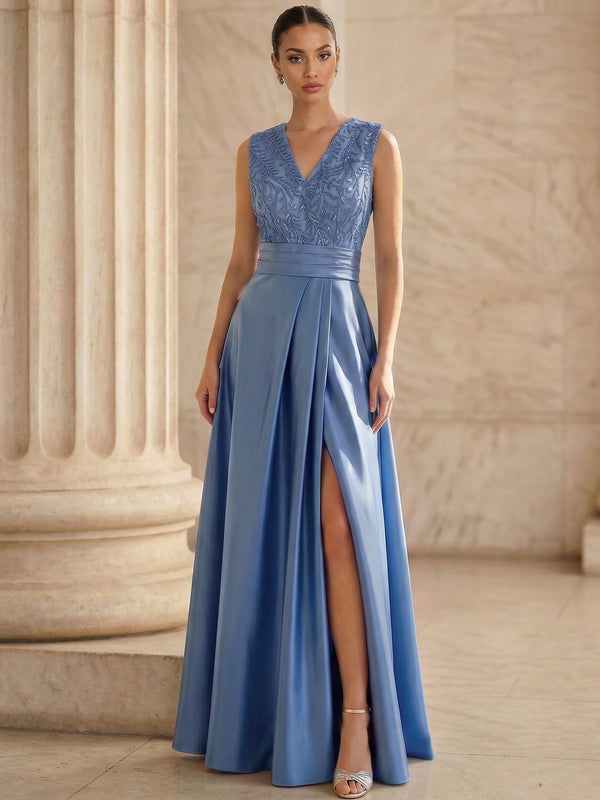 A-Line/Princess Evening Dresses Formal V Neck Sleeveless Floor Length with High Slit Sequins