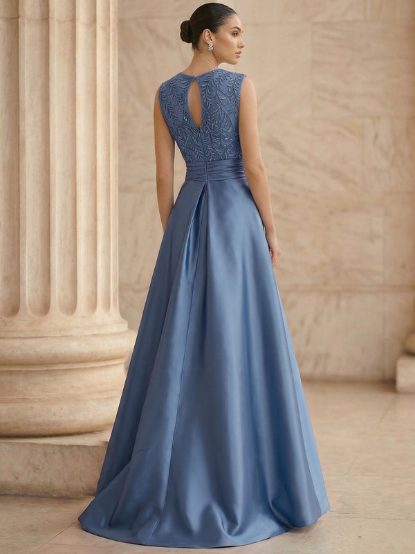 A-Line/Princess Evening Dresses Formal V Neck Sleeveless Floor Length with High Slit Sequins