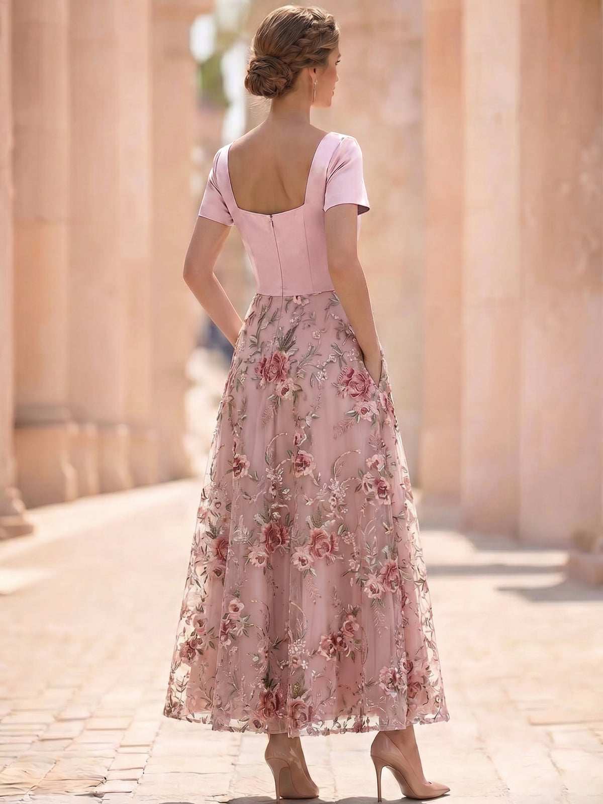 A-Line/Princess Floral Cocktail Dresse Short Sleeves Formal Ankle Length Dresses With Floral Pocket