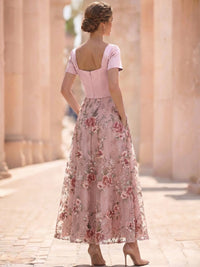 A-Line/Princess Floral Cocktail Dresse Short Sleeves Formal Ankle Length Dresses With Floral Pocket