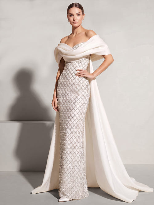 A-Line Formal Evening Dresses Luxury Off The Shoulder Lattice Beading Floor-Length Elegant With Overskirt