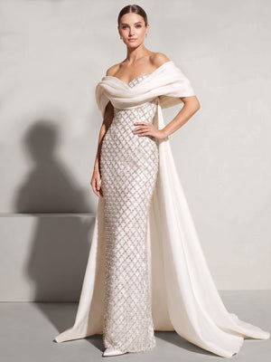 A-Line Formal Evening Dresses Luxury Off The Shoulder Lattice Beading Floor-Length Elegant With Overskirt