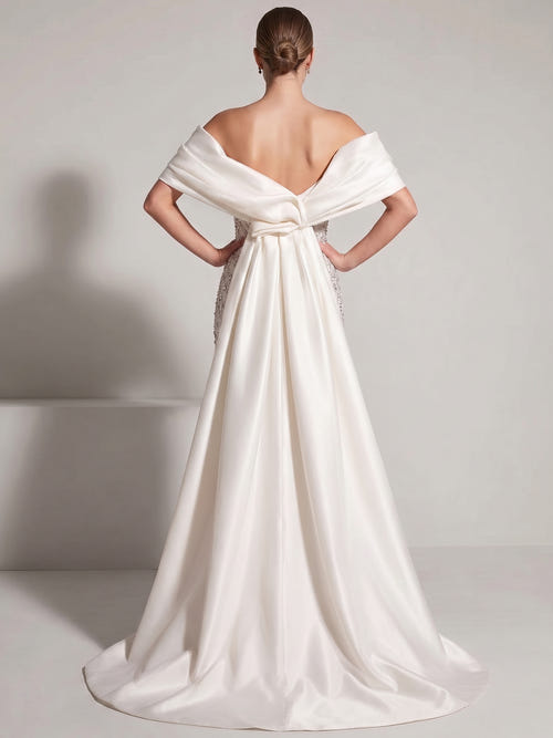 A-Line Formal Evening Dresses Luxury Off The Shoulder Lattice Beading Floor-Length Elegant With Overskirt