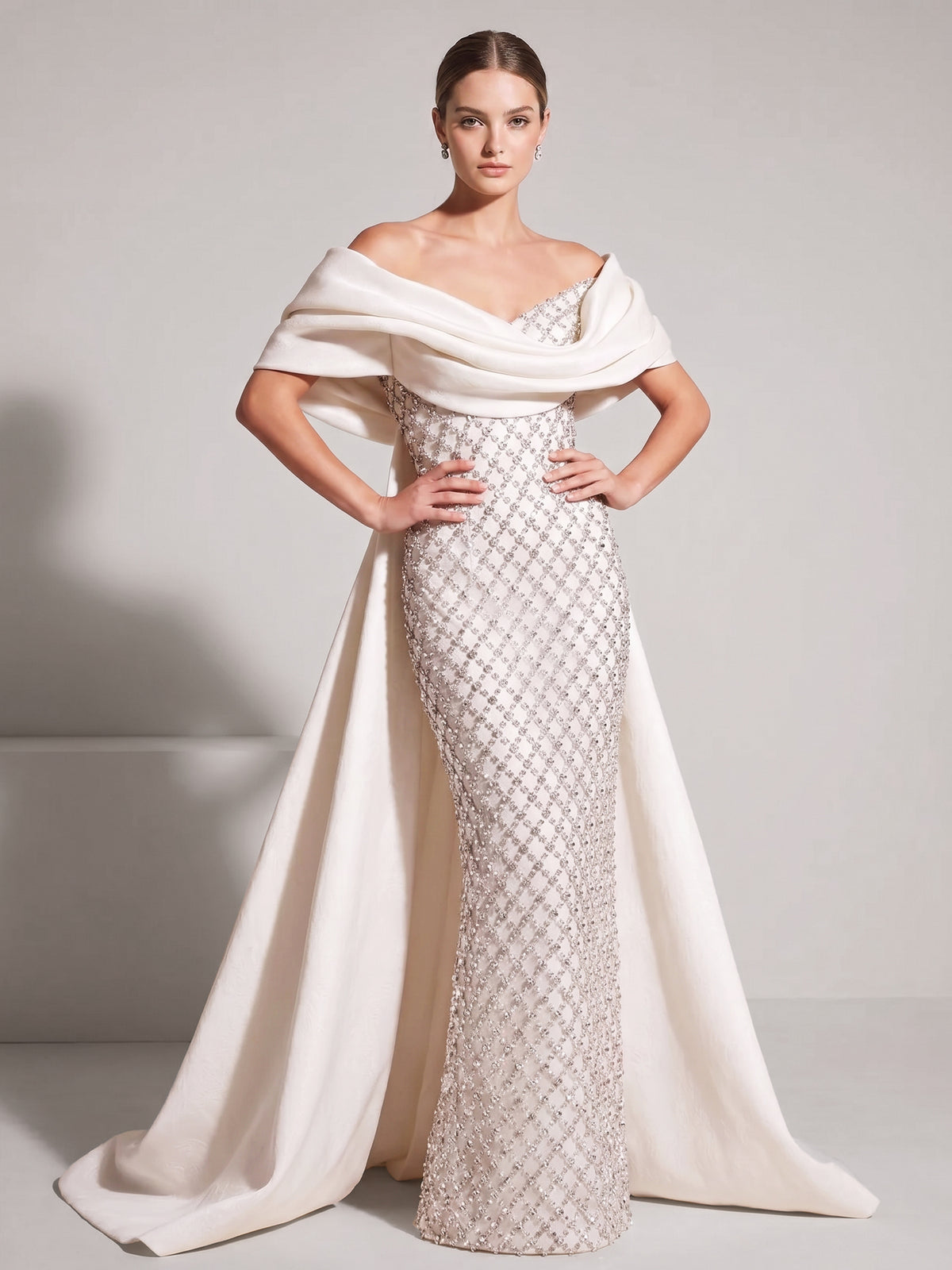 Nafori White A-Line Formal Evening Dresses Luxury Off The Shoulder Lattice Beading Floor-Length Elegant With Overskirt 2026