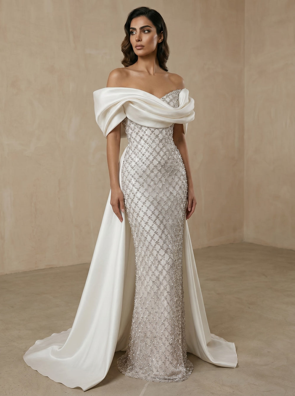A-Line Formal Evening Dresses Luxury Off The Shoulder Lattice Beading Floor-Length Elegant With Overskirt