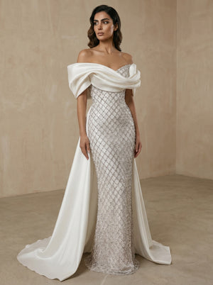 A-Line Formal Evening Dresses Luxury Off The Shoulder Lattice Beading Floor-Length Elegant With Overskirt