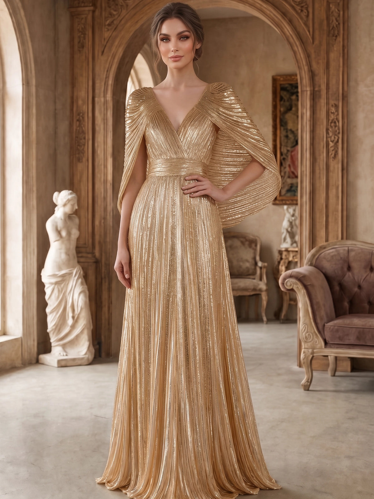 A-Line/Princess Evening Dresses Elegant Satin V-Neck Cape Sleeves Floor-Length Pleated Formal Dresses