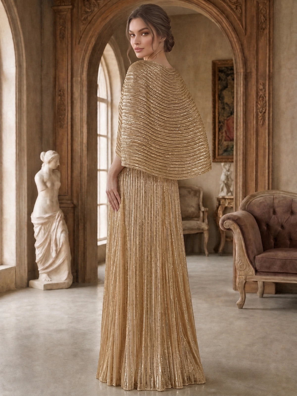 A-Line/Princess Evening Dresses Elegant Satin V-Neck Cape Sleeves Floor-Length Pleated Formal Dresses