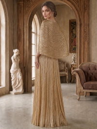 A-Line/Princess Evening Dresses Elegant Satin V-Neck Cape Sleeves Floor-Length Pleated Formal Dresses