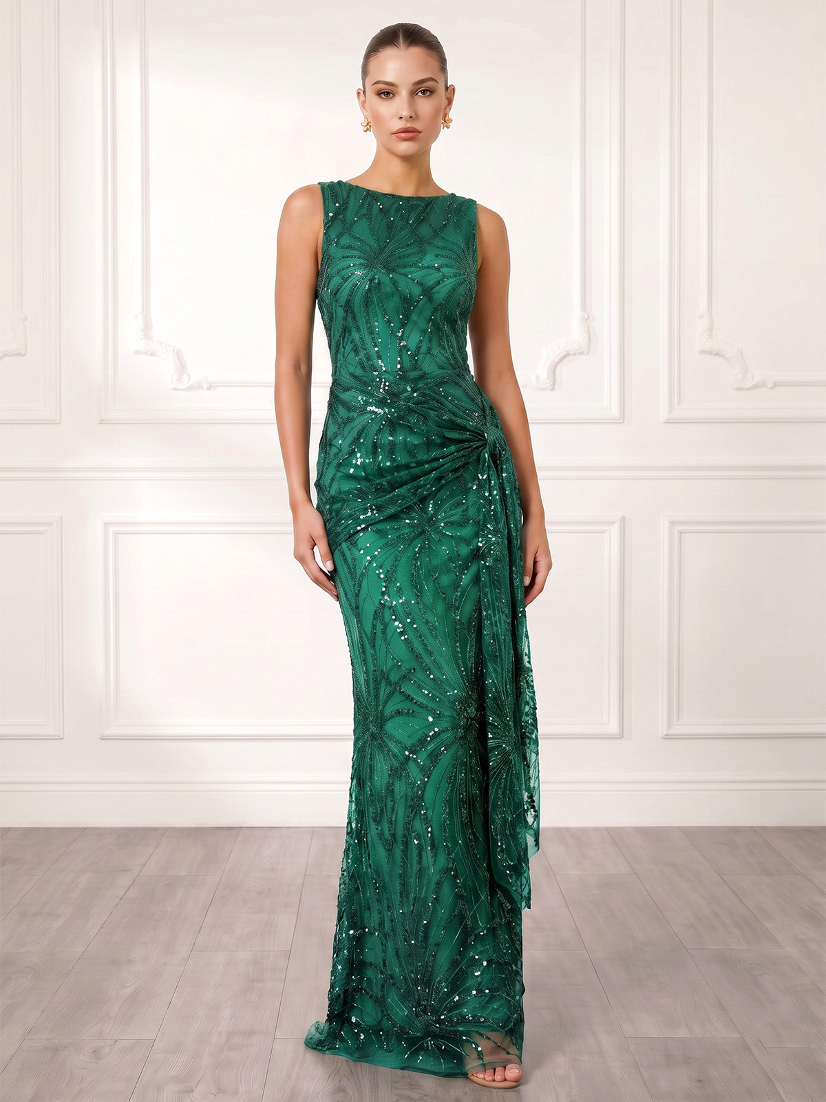 Sheath/Column Evening Dresses Elegant Sequins Floor-Length Sleeveless Bateau Neckline Formal Dresses